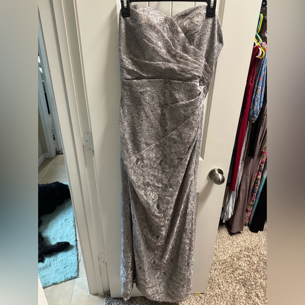 David's Bridal One Shoulder Gray Lace Dress